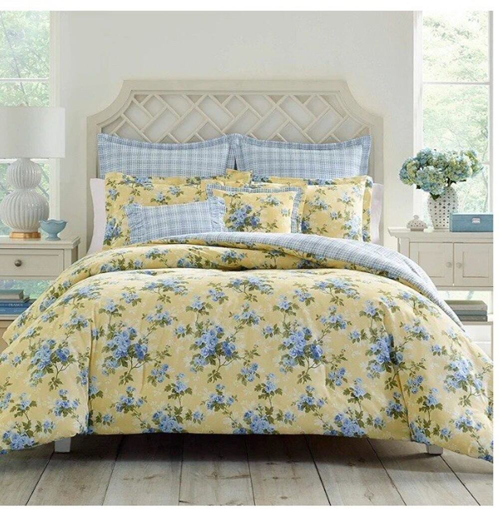 Laura Ashley Cassidy Cotton Yellow Duvet Cover Bonus Set - King 7 Pc. Cp. $350